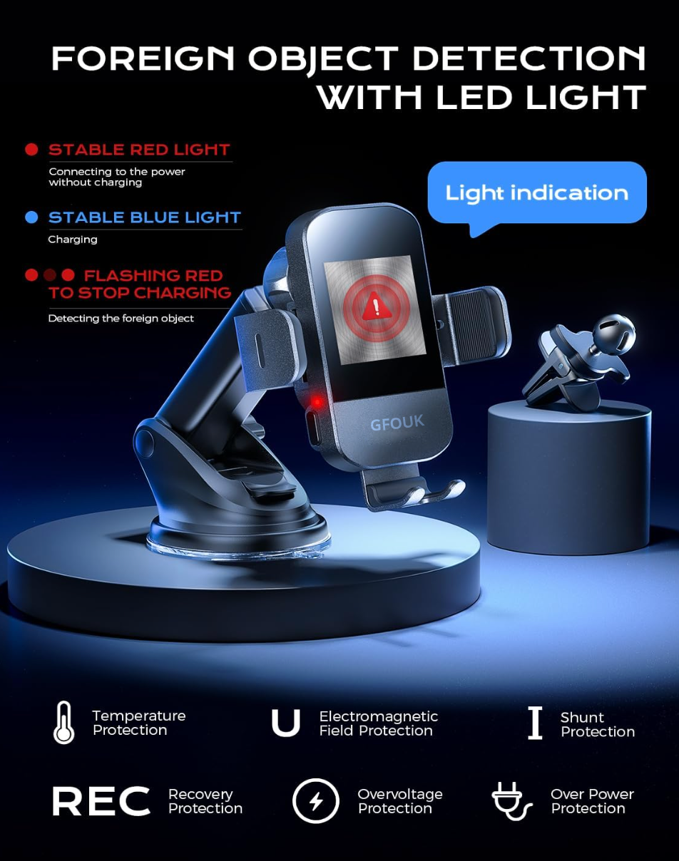 GFOUK® 15W Fast Charging Auto Clamping Car Charger Phone Mount